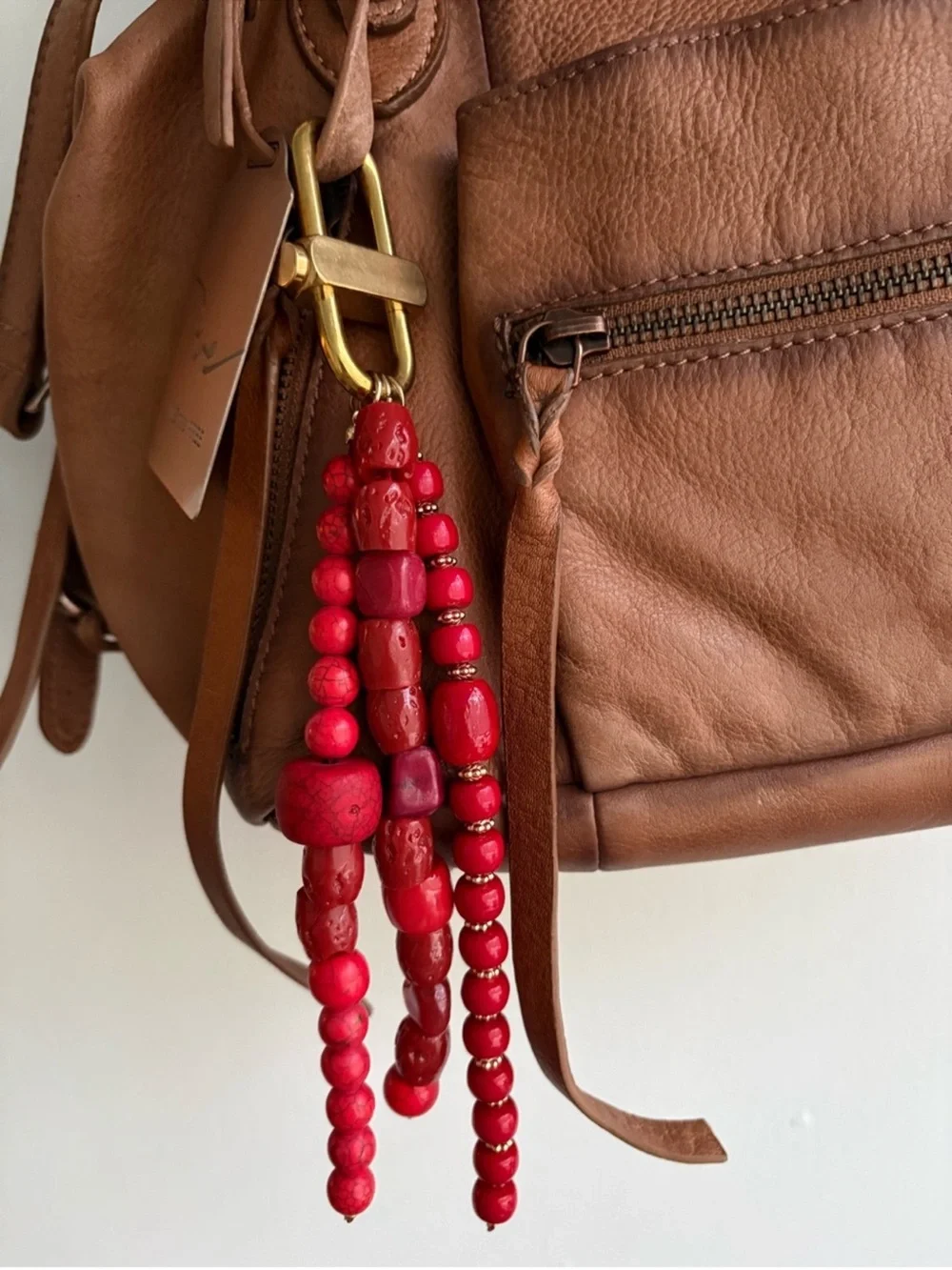 Free People Prismatic Beaded Bag Charm Keychain Red Semi Precious & Brass Clasp